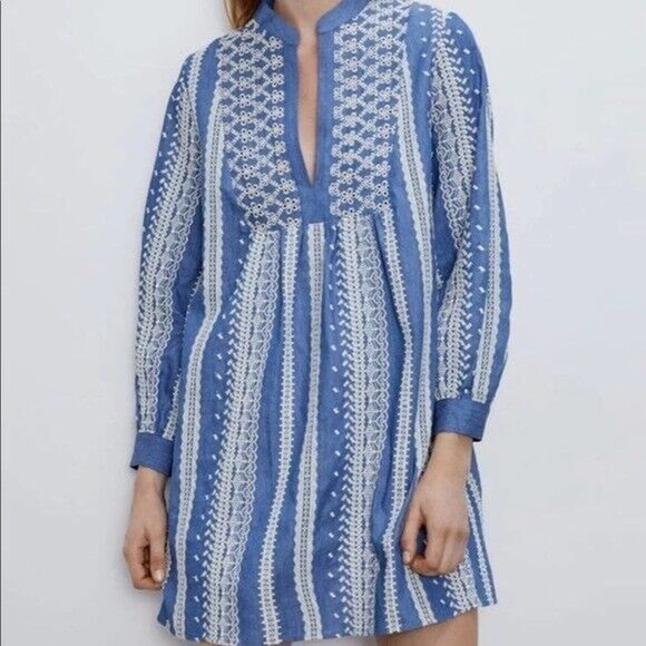Zara Dresses & Skirts - ZARA Eyelet Embroidered Mini Dress Blue White Women's Size Small H14112